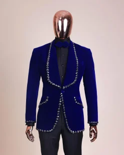 An Admiral Blue velvet shawl lapel tuxedo suit, laced with jet hematite Swarovski stones