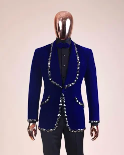An Admiral Blue velvet shawl lapel tuxedo suit, laced with jet hematite Swarovski stones