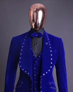 An Admiral Blue velvet shawl lapel tuxedo suit, laced with navy blue and silver ss20 Swarovski stones