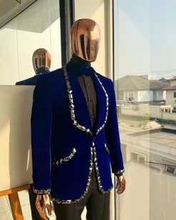 An Admiral Blue velvet shawl lapel tuxedo suit, laced with jet hematite Swarovski stones
