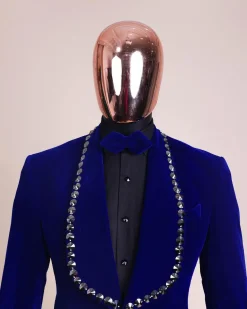 An Admiral Blue velvet shawl lapel tuxedo suit, laced with jet hematite Swarovski stones