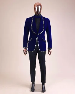 An Admiral Blue velvet shawl lapel tuxedo suit, laced with jet hematite Swarovski stones