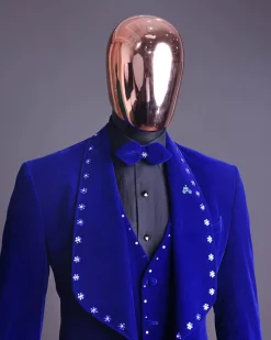 An Admiral Blue velvet shawl lapel tuxedo suit, laced with navy blue and silver ss20 Swarovski stones
