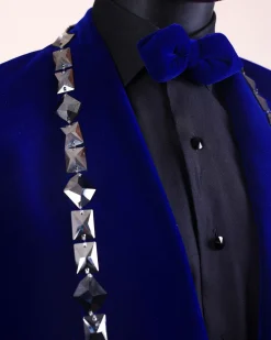 An Admiral Blue velvet shawl lapel tuxedo suit, laced with jet hematite Swarovski stones
