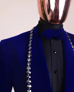 An Admiral Blue velvet shawl lapel tuxedo suit, laced with jet hematite Swarovski stones