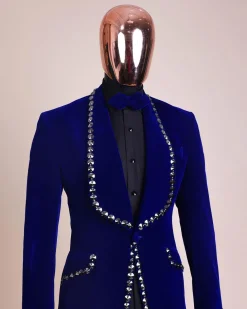 An Admiral Blue velvet shawl lapel tuxedo suit, laced with jet hematite Swarovski stones