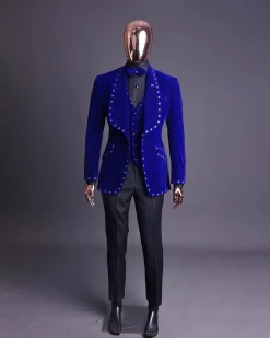 An Admiral Blue velvet shawl lapel tuxedo suit, laced with navy blue and silver ss20 Swarovski stones
