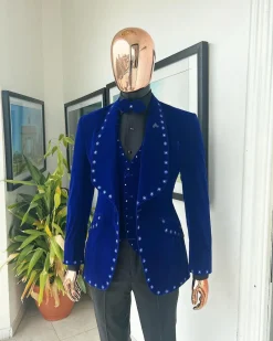 An Admiral Blue velvet shawl lapel tuxedo suit, laced with navy blue and silver ss20 Swarovski stones