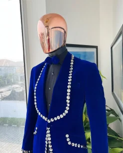 An Admiral Blue velvet shawl lapel tuxedo suit, laced with jet hematite Swarovski stones