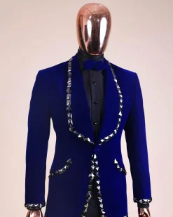 An Admiral Blue velvet shawl lapel tuxedo suit, laced with jet hematite Swarovski stones