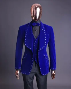 An Admiral Blue velvet shawl lapel tuxedo suit, laced with navy blue and silver ss20 Swarovski stones
