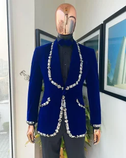 An Admiral Blue velvet shawl lapel tuxedo suit, laced with jet hematite Swarovski stones
