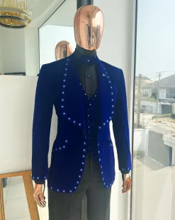 An Admiral Blue velvet shawl lapel tuxedo suit, laced with navy blue and silver ss20 Swarovski stones