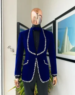 An Admiral Blue velvet shawl lapel tuxedo suit, laced with jet hematite Swarovski stones