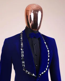 An Admiral Blue velvet shawl lapel tuxedo suit, laced with jet hematite Swarovski stones