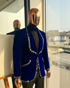 An Admiral Blue velvet shawl lapel tuxedo suit, laced with jet hematite Swarovski stones