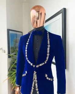 An Admiral Blue velvet shawl lapel tuxedo suit, laced with jet hematite Swarovski stones
