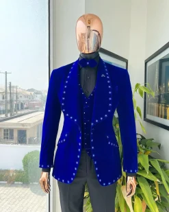 An Admiral Blue velvet shawl lapel tuxedo suit, laced with navy blue and silver ss20 Swarovski stones