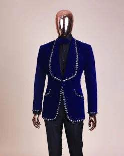An Admiral Blue velvet shawl lapel tuxedo suit, laced with jet hematite Swarovski stones