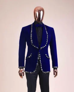 An Admiral Blue velvet shawl lapel tuxedo suit, laced with jet hematite Swarovski stones