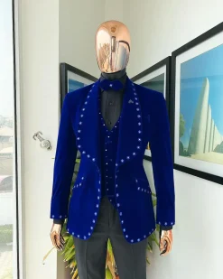 An Admiral Blue velvet shawl lapel tuxedo suit, laced with navy blue and silver ss20 Swarovski stones