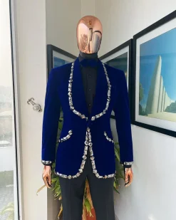 An Admiral Blue velvet shawl lapel tuxedo suit, laced with jet hematite Swarovski stones