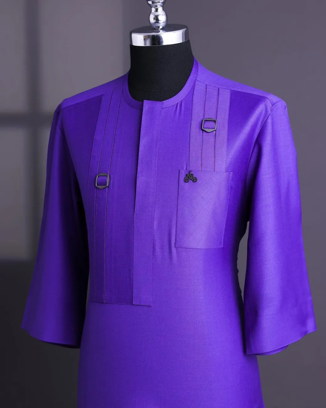 An Aesthetic purple, lengthened rectangle double side flap, 3/4 sleeve with paisley details traditional African senator kaftan native.