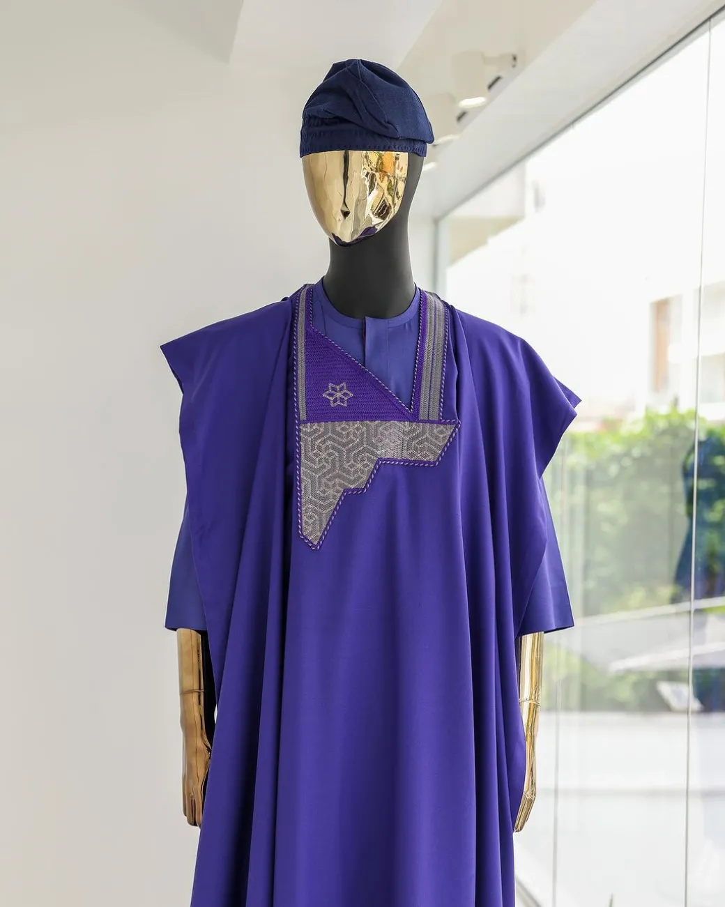 An Aesthetic purple, mazed square, 1/4 embroidery details agbada