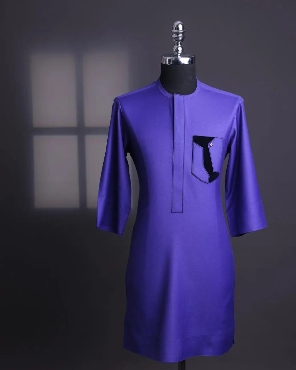 An Aesthetic purple, patterned pocket with velvet details, 3/4 sleeve African senator kaftan native.