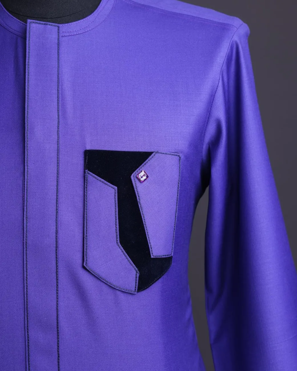 An Aesthetic purple, patterned pocket with velvet details, 3/4 sleeve African senator kaftan native.