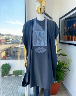 An Anchor Grey interconnected embroidery details agbada