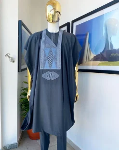 An Anchor Grey interconnected embroidery details agbada