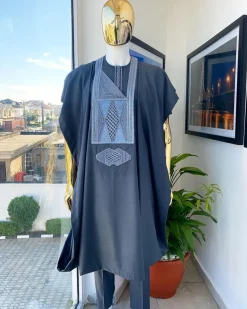 An Anchor Grey interconnected embroidery details agbada