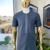 An Anchor grey kaftan, front flap embroidery detailing African traditional senator kaftan native.