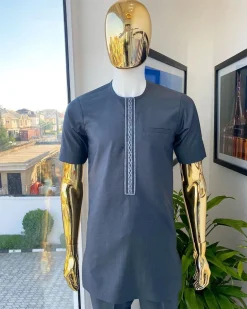 An Anchor grey kaftan, front flap embroidery detailing African traditional senator kaftan native.