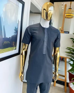 An Anchor grey kaftan, front flap embroidery detailing African traditional senator kaftan native.