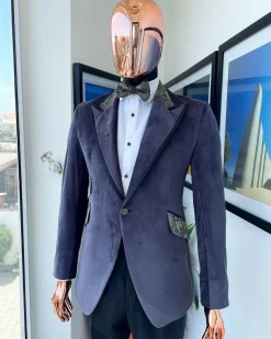 An anchor grey velvet, peak lapel with black silk taping, black and light grey jacquard collar tuxedo suit