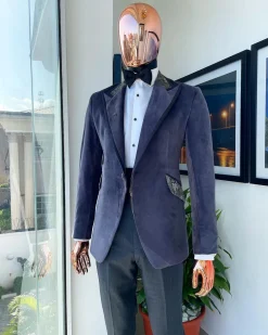 An anchor grey velvet, peak lapel with black silk taping tuxedo suit