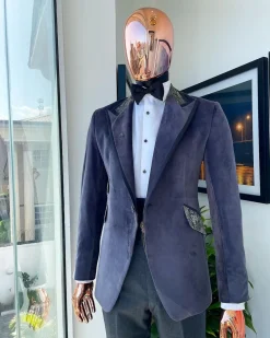 An anchor grey velvet, peak lapel with black silk taping tuxedo suit