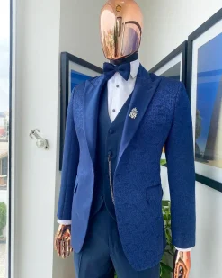 An Aquarium Pattern Navy Blue Peak Lapel Jacquard Suit.