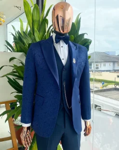 An Aquarium Pattern Navy Blue Peak Lapel Jacquard Suit.