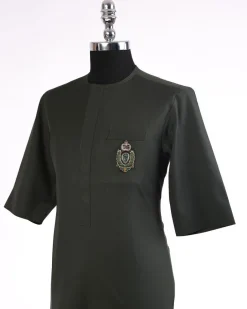 An army green, 3/4 sleeve kaftan, front flap with metal wire embroidery patch detailing african traditional senator kaftan native.