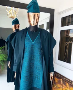 An Army Green, monochrome square studded Swarovski stone embroidery agbada