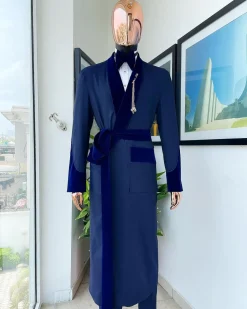 An “Asgad” Soaked Italian velvet shawl lapel, navy blue, hand woven treading, cube patterned pajamas tuxedo suit
