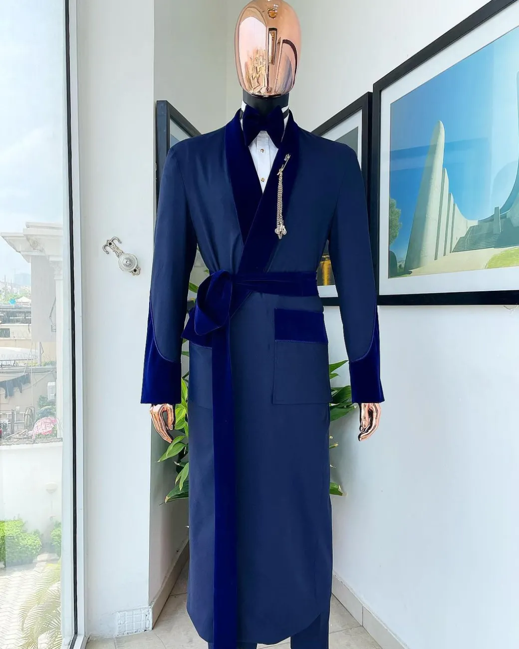 An “Asgad” Soaked Italian velvet shawl lapel, navy blue, hand woven treading, cube patterned pajamas tuxedo suit