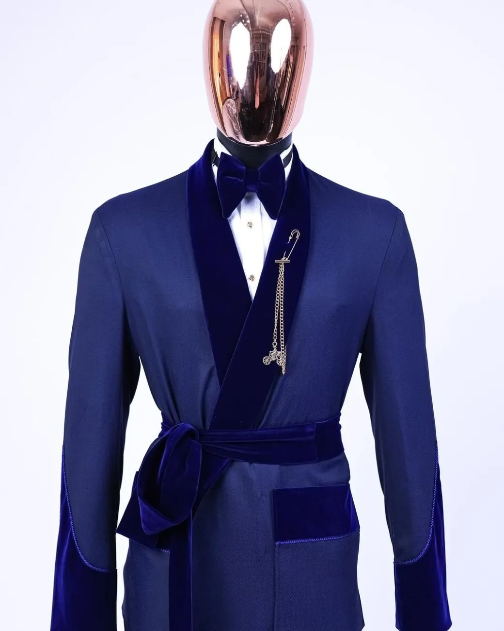An “Asgad” Soaked Italian velvet shawl lapel, navy blue, hand woven treading, cube patterned pajamas tuxedo suit