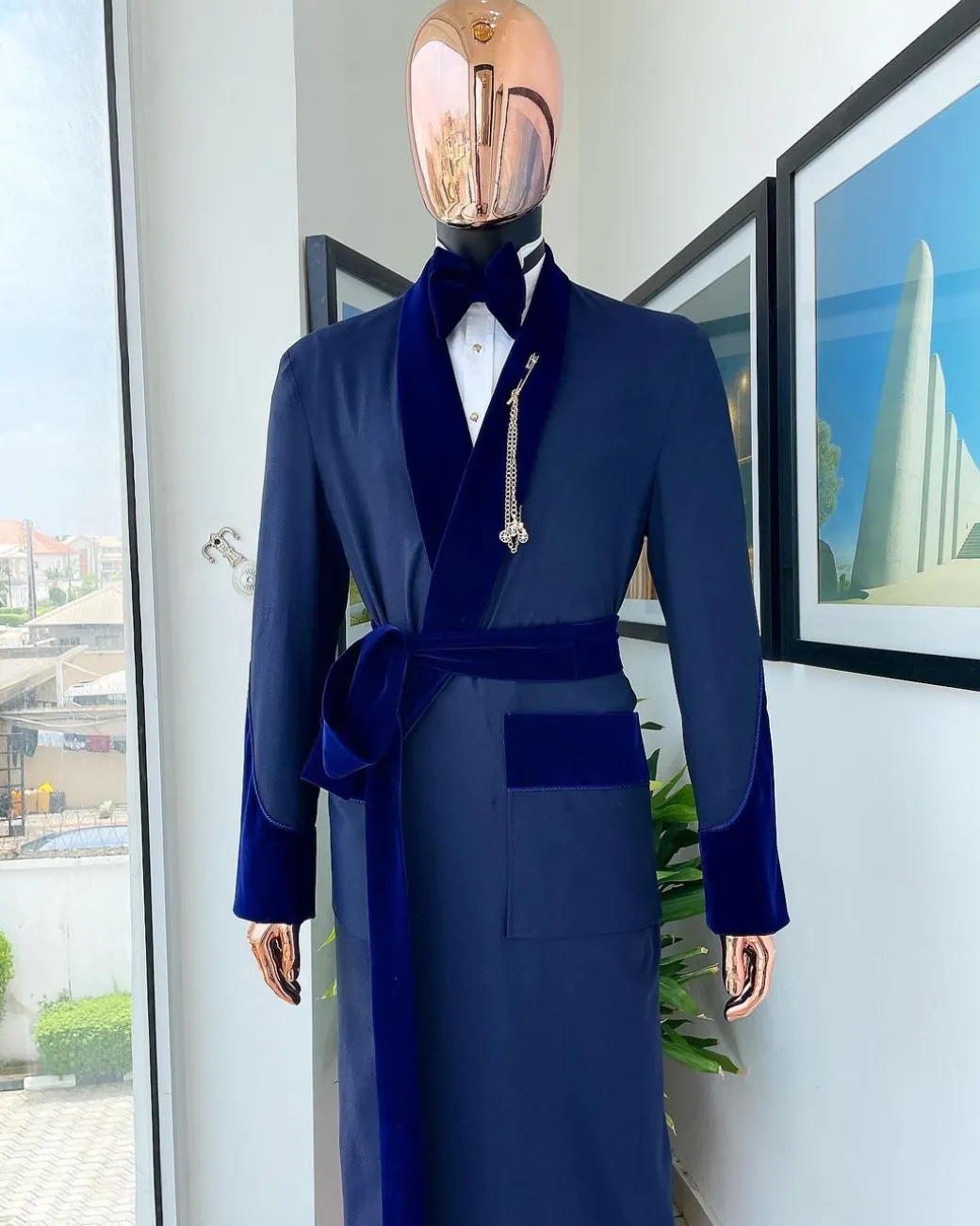 An “Asgad” Soaked Italian velvet shawl lapel, navy blue, hand woven treading, cube patterned pajamas tuxedo suit