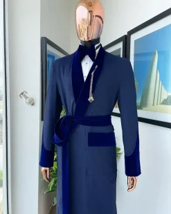 An “Asgad” Soaked Italian velvet shawl lapel, navy blue, hand woven treading, cube patterned pajamas tuxedo suit