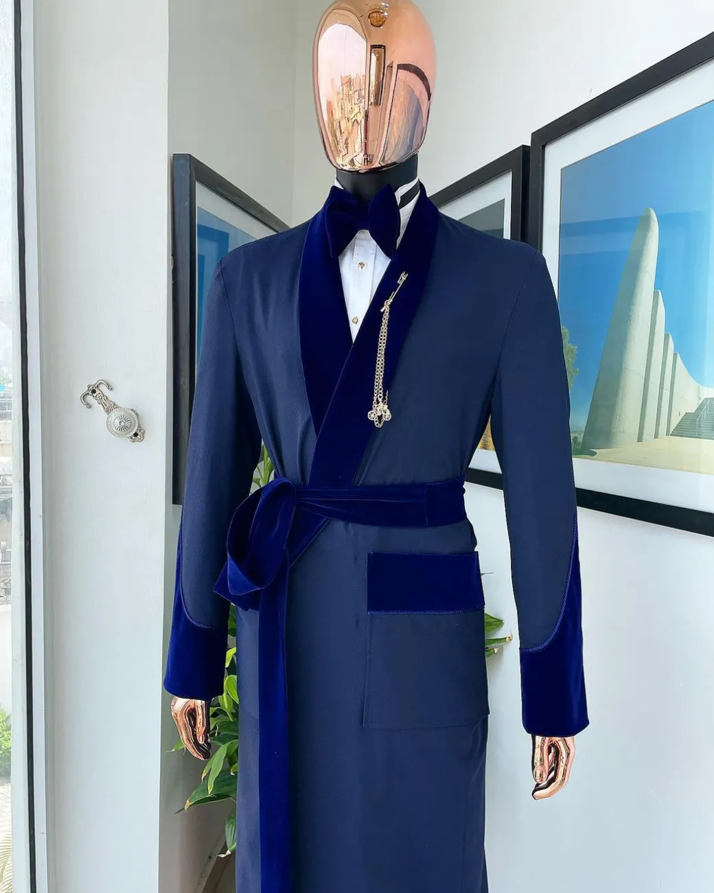 An “Asgad” Soaked Italian velvet shawl lapel, navy blue, hand woven treading, cube patterned pajamas tuxedo suit