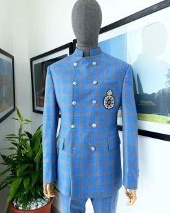An Azure blue and apricot orange glen check “preacher” double breasted safari suit